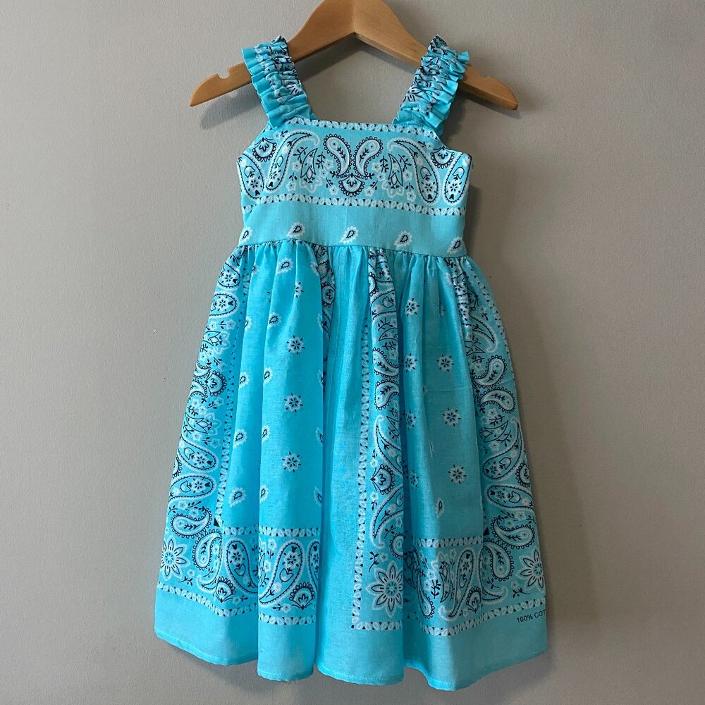 Handmade Children's 100% Cotton Blue Paisley Elastic Straps Dress